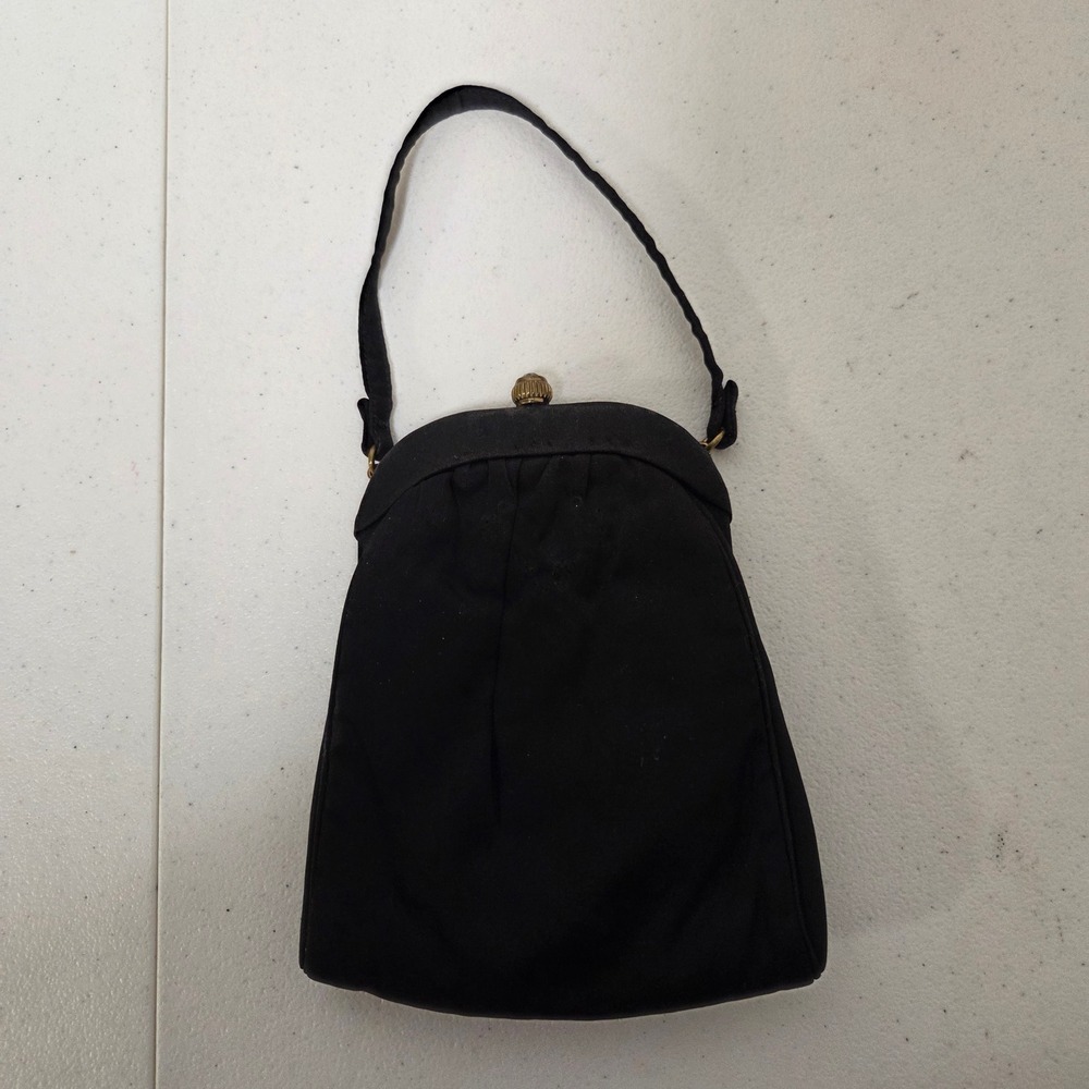 Vintage MM Faille Black Fabric Kiss Lock Evening Handbag Small Purse 1950s